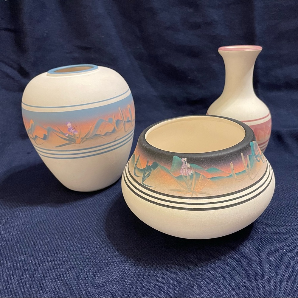 Set of 3 New West Pottery Vases Hand Painted Signed Numbered, Phoenix Arizona